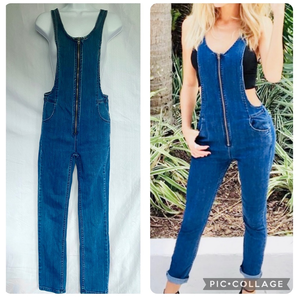 Free People FP Jax Blue Denim Jean Jumpsuit Skinny Zipper Front Overalls 0